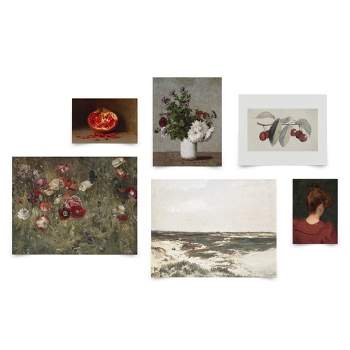 Americanflat 6 Piece Vintage Gallery Wall Art Set - Dunes At Camiers, Bed Of Poppies, Cherries, Floral Arrangement by Maple + Oak