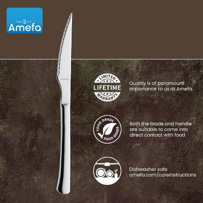 Amefa Chuletero Steak Knives, Set of 6, Hardened Stainless Steel, Hammered Ergonomic Handle Design, Micro Serrated Edge 4 Inch Blade Steak Knife