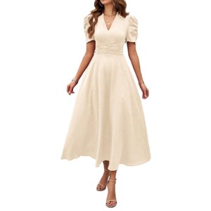 BLUEMING Womens Casual Maxi Dresses Puff Sleeve V Neck Flowy Vacation High Waist Boho Pleated Dresses - 1 of 4