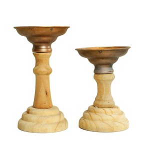 Transpac Wood 7.75 in. Brown Candle Holders Set of 2 - 1 of 4