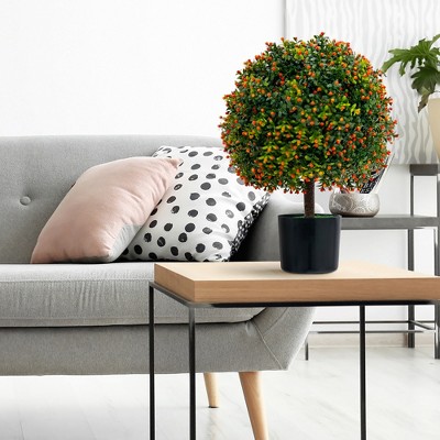 22'' Artificial Boxwood Topiary Ball Tree with Orange Fruits in Cement Pot