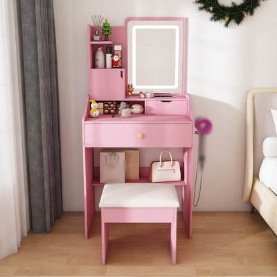 23.6” Small Vanity Desk with Mirror and Lights, Compact Makeup Table with Power Outlet and Hairdryer Holder