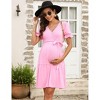 Maternity V Neck Swiss Dot Dress Summer Casual Short Sleeve Flowy Midi Dress Belt Photoshoot Baby Shower Pink L - 3 of 4