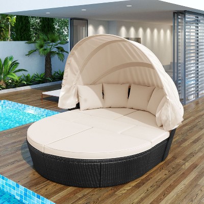 7-piece All-weather Rattan Beige Patio Daybed With Retractable Canopy ...