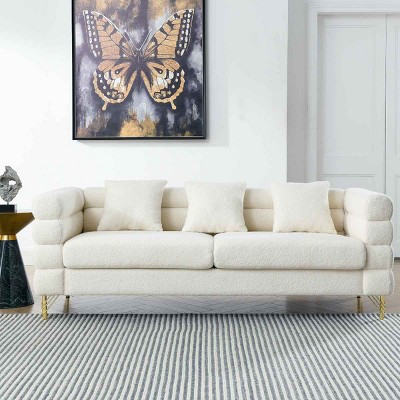 81 Inch 3 Seater Sectional Sofa for Living Room, Oversized Couch with Deep Seating and Pillows, Teddy Fabric Sofa with Metal Legs-Coolbibila