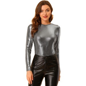 INSPIRE CHIC Women's Metallic Round Neck Long Sleeve Sparkly Disco Party Shiny Top - 1 of 4