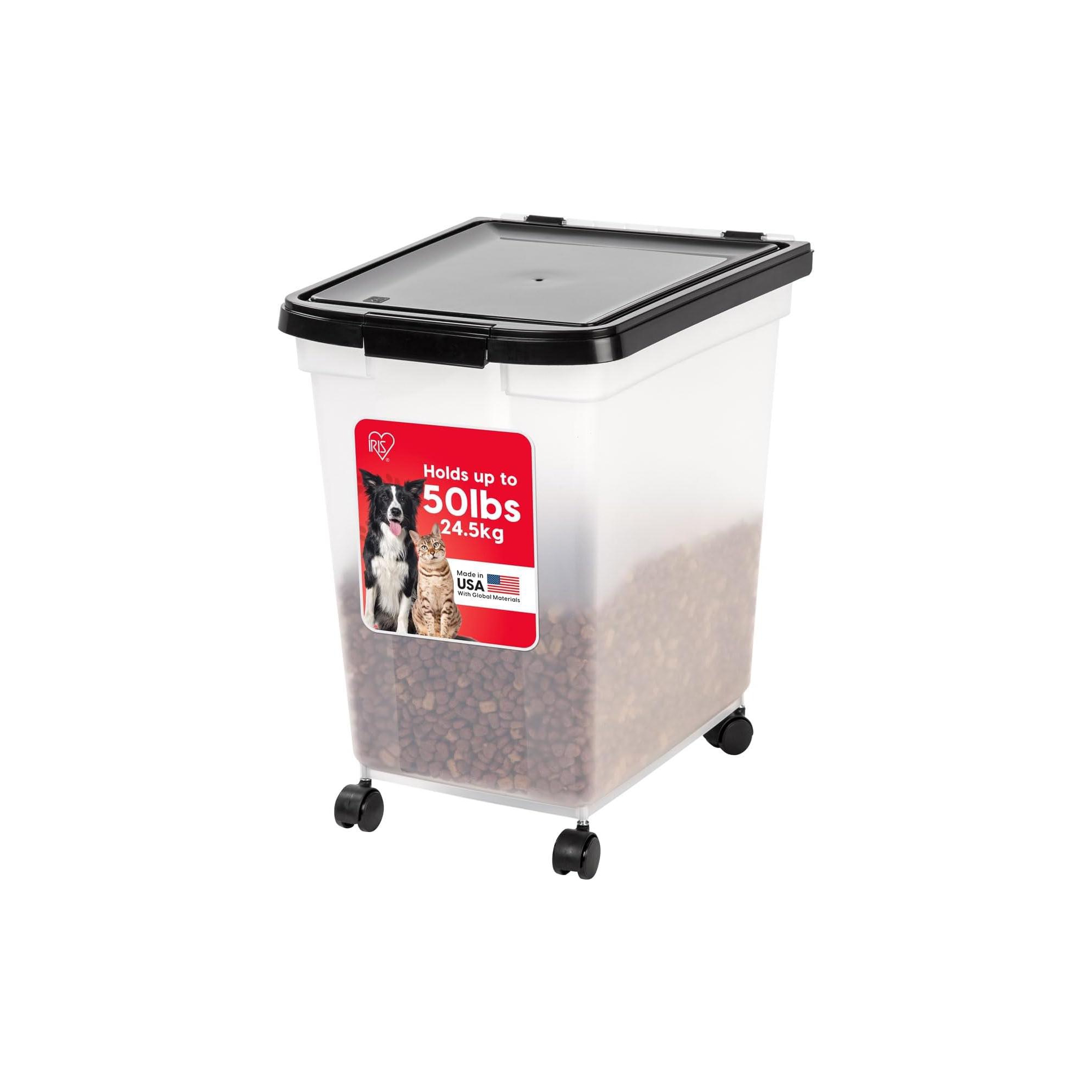 IRIS 50 Lbs. Plastic WeatherPro Airtight Pet Food Storage Container with Casters, Clear/Black, Pet Food Bin