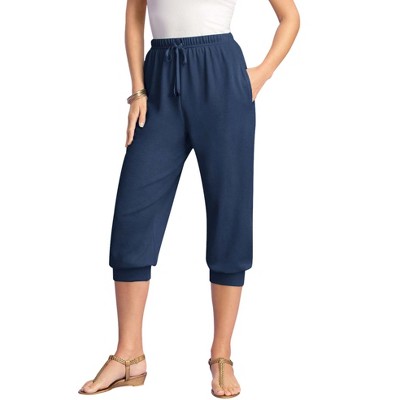 Roaman's Women's Plus Size Drawstring Soft Knit Capri Pant - S, Blue ...