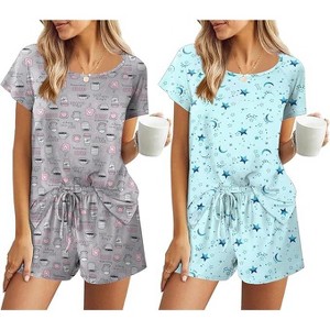 Ekouaer 2 Pack Womens Pajama Sets Short Sleeve Sleepwear Soft Crew Neck Pj Shorts Set Printed Loungewear Set - 1 of 4