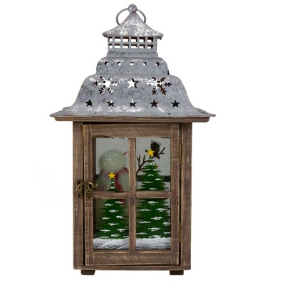 Rustic Wooden Snowman Christmas Lantern with Silver Roof, 16.5"