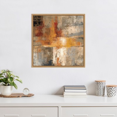 Amber and Silver Abstract Canvas Print in Maple Frame