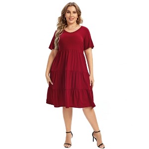 Women's Plus Size Lantern Sleeve Casual Ruffle Hem Loose Swing V Neck Tunic Mini Dress - 1 of 4