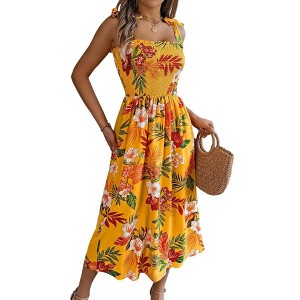 Womens Summer Floral Maxi Dresses Sleeveless Smocked Spaghetti Strap A Line Flowy Beach Long Desses - 1 of 4