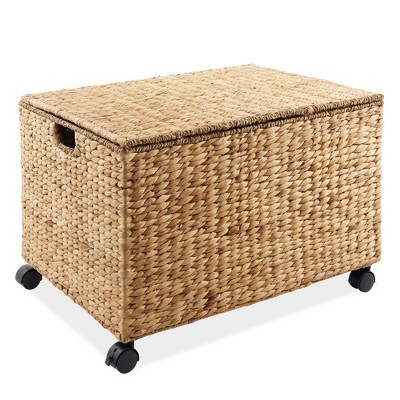 Natural Wicker Rolling Storage Basket with Lid and Wheels