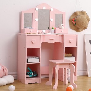 Pink Wooden Kids Vanity Set,with Tri-Fold Mirror, Stool & Drawer,Toddler Vanity,Pretend Play Girls Vanity Table for Toddlers Ages 3+ - 1 of 4