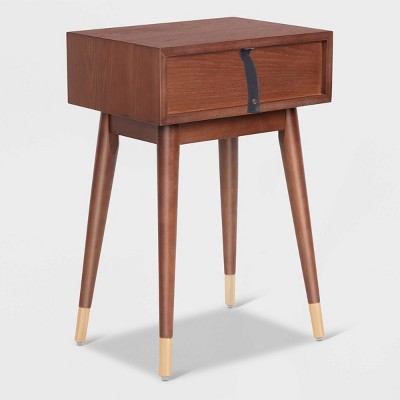 Walnut Brown Mid-Century Modern Side Table with Brass Accents