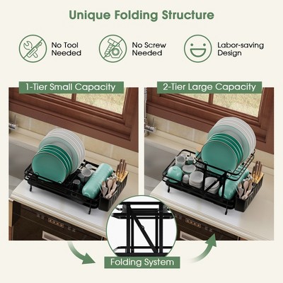 Black Metal and Bamboo 2-Tier Collapsible Dish Drying Rack