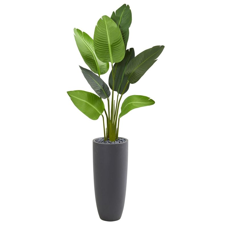 Tall Green Faux Palm Tree in Gray Cylinder Planter