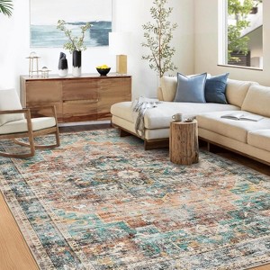 Acekool 8x10 Vintage Medallion Area Rug, Machine Washable Distressed Blue/Brown Non-Slip Stain Resistant Carpet for Living Room, Bedroom - 1 of 4