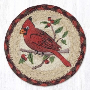 Earth Rugs Round Cardinal Coaster – 7"x7" Braided Jute, Rustic Winter Bird Design, Hand-Stenciled Table Accent - 1 of 3