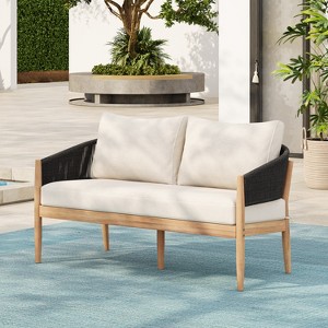 Christopher Knight Home Stuart Modern Patio Acacia Wood Woven Rope Loveseat with Cushion - 1 of 4