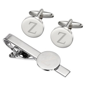Unique Bargains Copper Engraved Initial Men Cufflinks and Tie Clip Bar Set Silver - 1 of 4