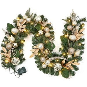 6ft Pre-Lit Christmas Garland, Battery Powered Xmas Garland with Lights, Gold Leaves, Ball Ornaments for Front Door Fireplace Stairs, Gold - 1 of 4