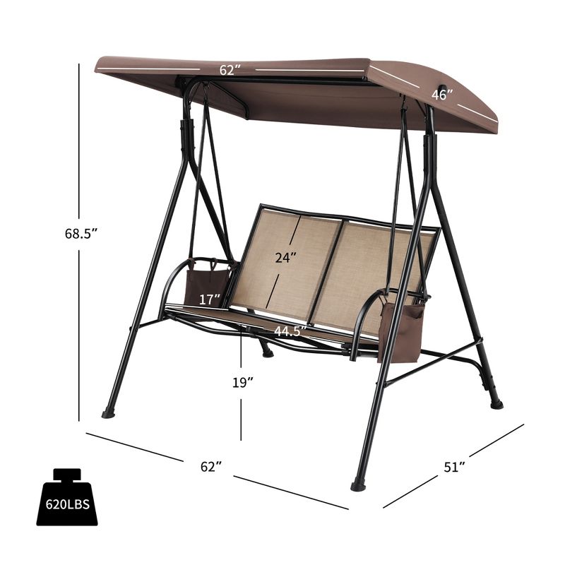 Costway 2 Seat Patio Porch Swing with Adjustable Canopy Storage Pockets  Brown, 3 of 11