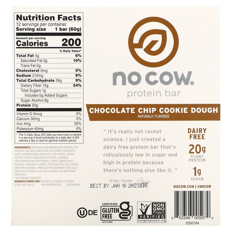 No Cow Protein Bar,  Chocolate Chip Cookie Dough, 12 Bars, 2.12 oz (60 g) Each, 2 of 3