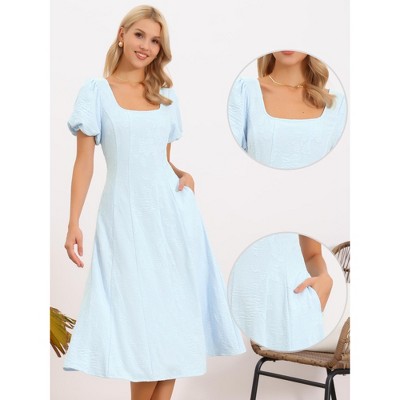Женские платья INSPIRE CHIC Women's Summer Square Neck Short Puff Sleeve Casual Midi A Line Jacquard Floral Dresses Large Blue — фото 2
