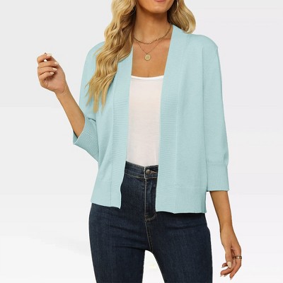 Women's Lightweight 3/4 Sleeve Cropped Cardigan Sweater Open Front Short Shrugs,Mint Green - XL