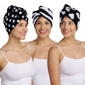 Turbie Twist 100% Cotton Hair Towel Wrap - for Women, Men & Kids - Quick Dry Hair Turban - 1 Polka Dot, 1 Stripe & 1 Heart Pattern - 1 of 4