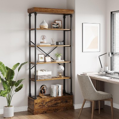 Homhougo 5 Tier Bookshelf with Cabinet Drawer, Modern Tall Open Bookcase, Wood and Metal Display Standing Shelf Unit, Farmhouse Corner Shelf