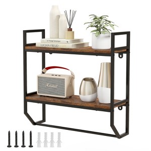 Tangkula 2-Tier Floating Shelving Wall-Mounted Shelf with Hanging Rod Expansion Screws & Metal Frame - 1 of 4