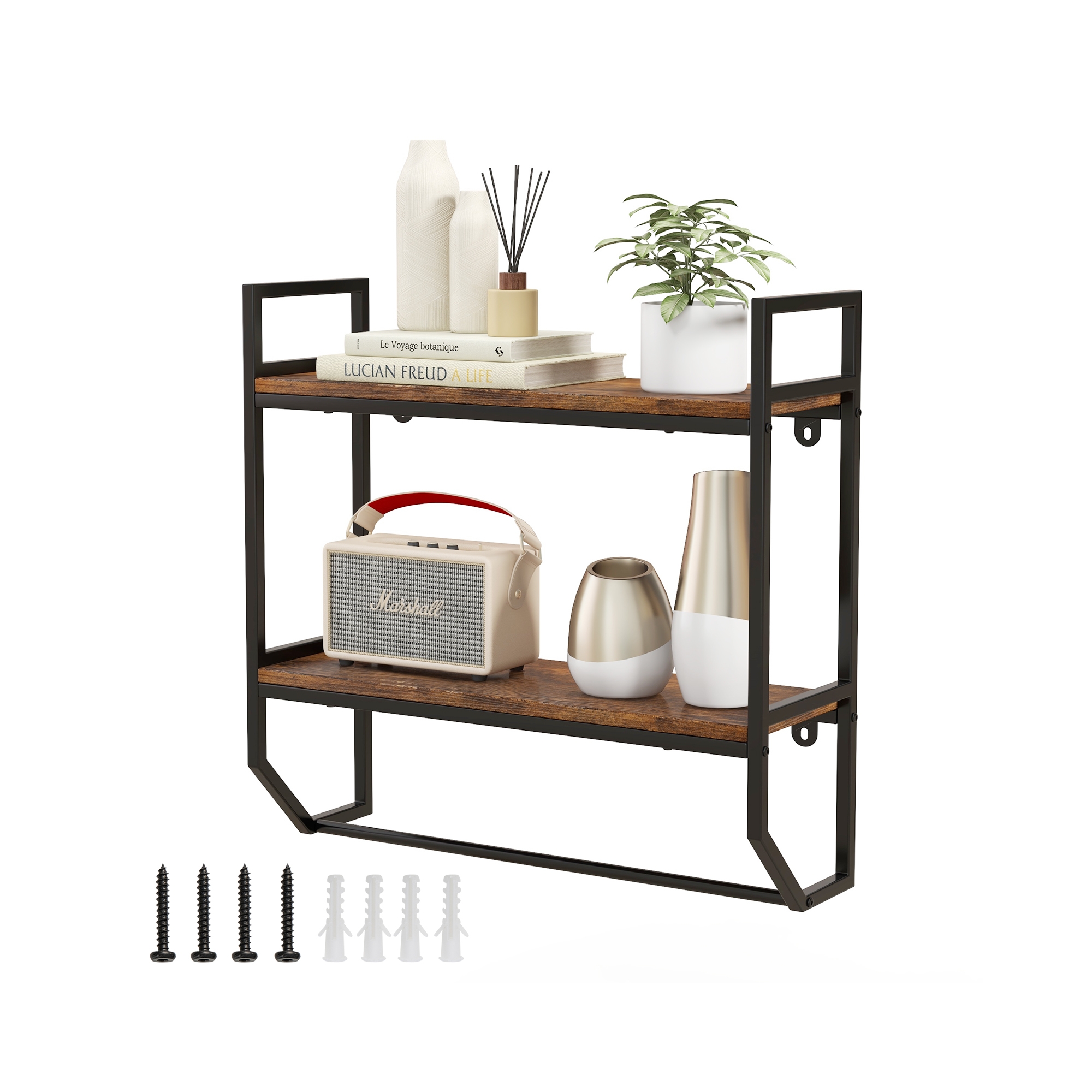 Costway 2-Tier Floating Shelving Wall-Mounted Shelf with Hanging Rod Expansion Screws & Metal Frame