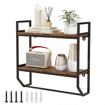 Tangkula 2-Tier Floating Shelving Wall-Mounted Shelf with Hanging Rod Expansion Screws & Metal Frame