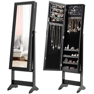 Tangkula 2-in-1 Freestanding Jewelry Cabinet Organizer with Full-Length Mirror Black/ White
