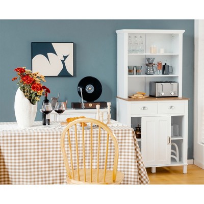 White Pine Wood Freestanding Kitchen Pantry Cabinet with Hutch