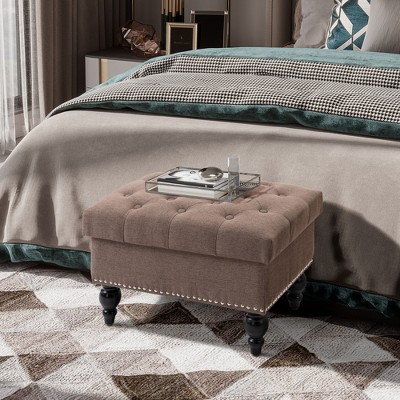 Taupe Tufted Fabric Ottoman with Turned Wood Legs