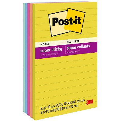Post-it Super Sticky Notes 4" x 6" Summer Joy Collection Lined 90 Sheet/Pad 5 Pads/Pack (660-5SSJOY)