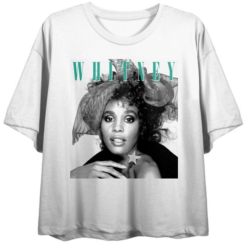 Whitney Houston Classic Photo Print Crew Neck Short Sleeve Women s White Crop T shirt XS