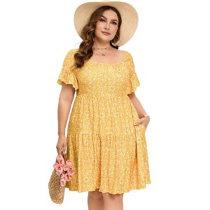 Plus Size Dress Plus Size Dress Ruffle Sleeve Flowy Dress with Pockets blue white flower 2XL - 1 of 1