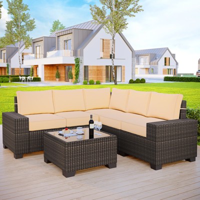 Whizmax 6 Pieces Outdoor Patio Furniture Set, Outdoor Wicker Furniture Set, Patio Sofa Set with 5 Seat Cushions and 1 Glass Coffee Table