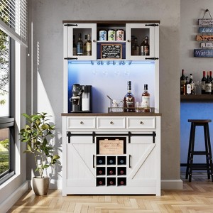 72in Tall Modern Farmhouse Coffee Bar Cabinet, Kitchen Buffet with Sliding Barn Doors, LED Lights, Power Outlets, Drawers, Wine Glass Rack - 1 of 4