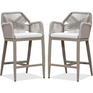 PURPLE LEAF Counter Height  Sunbrella Stools Set of 2 Modern Rattan Wicker with High Back Arms for Outdoor - 1 of 4