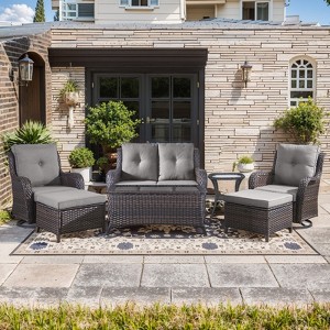 Gymojoy 7 Piece Outdoor Wicker Loveseat Sofa with Patio Swivel Glider Chairs with Coffee Table and Ottoman Sets - 1 of 4