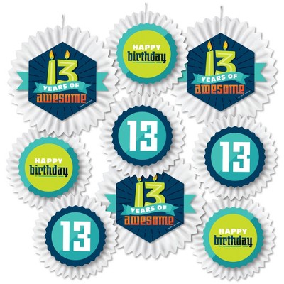 Big Dot of Happiness Boy 13th Birthday - Hanging Official Teenager Birthday Party Tissue Decoration Kit - Paper Fans - Set of 9