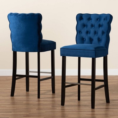 Elegant Navy Blue Velvet & Dark Wood Adjustable Barstool Set