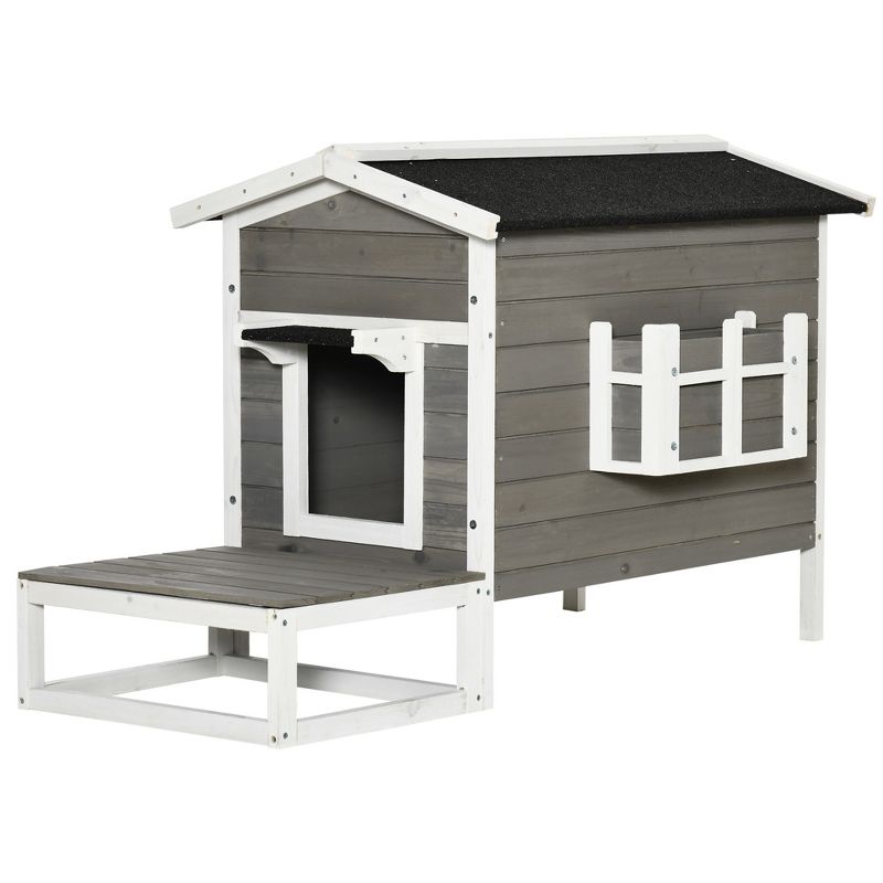 PawHut Wooden Wooden Cat House Feral Cat Shelter Kitten Condo with Escape Door, Porch and Flower Stand - Dark Gray/White, 1 of 9