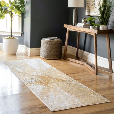 Gold and Ivory Abstract Synthetic Runner Rug, 2' 6" x 12'